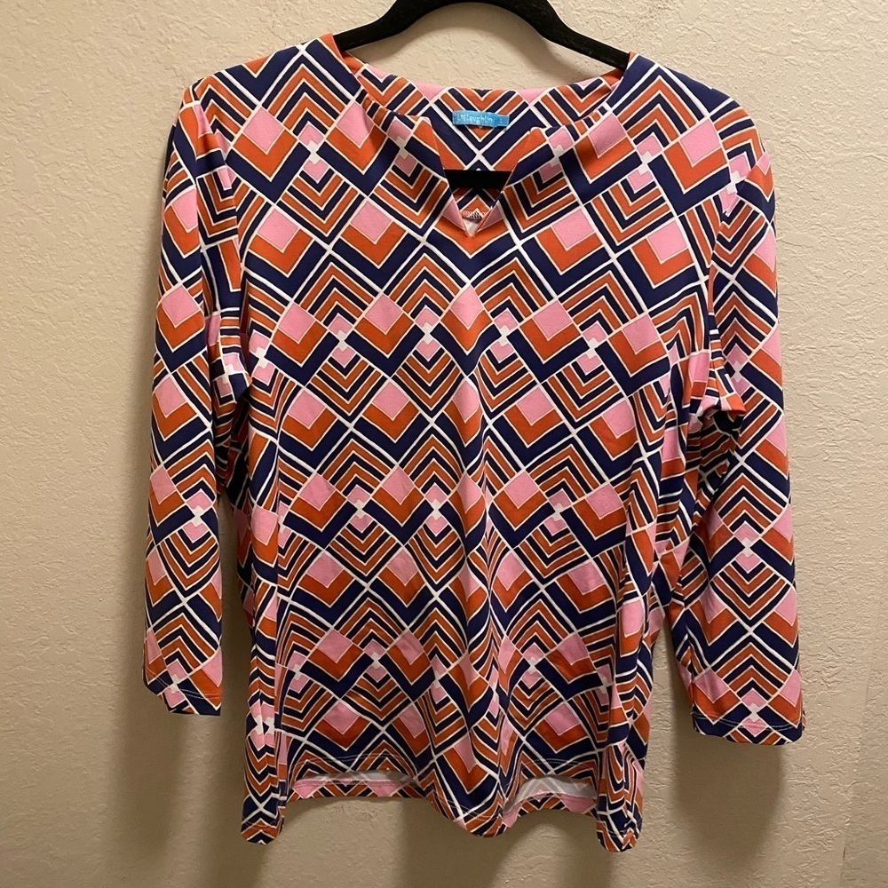 J. McLaughlin Catalina Cloth 3/4 Length Sleeve Split Neck Top Size Large